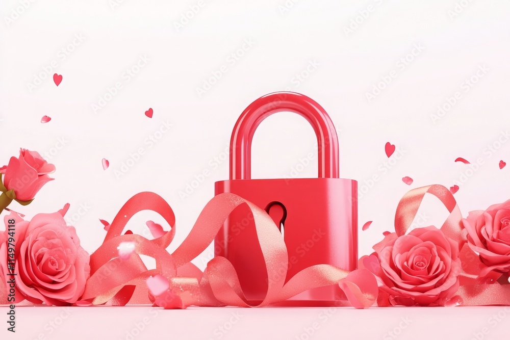 Obraz premium vibrant love lock surrounded by pink roses and ribbons, symbolizing romance
