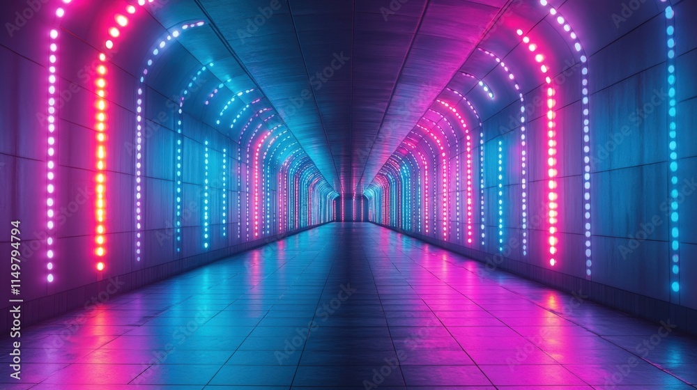 Fototapeta premium Neon-lit tunnel with vibrant pink and blue lights reflecting on a glossy floor.