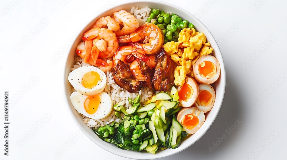 A bowl of classic fried rice with vegetables, shrimp, and scrambled eggs on a clean white background A bowl of classic fried rice with vegetables, shrimp, and scrambled eggs on a clean white background