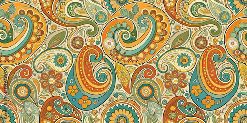 Colorful paisley pattern featuring vibrant swirls and floral designs.