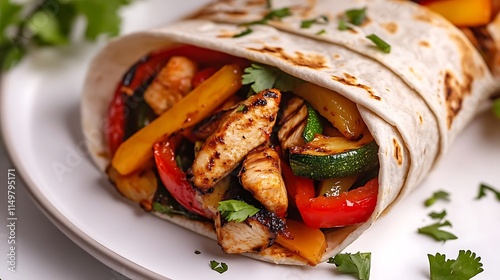 A close-up of a fajita wrap filled with grilled vegetables and chicken strips on a white background 