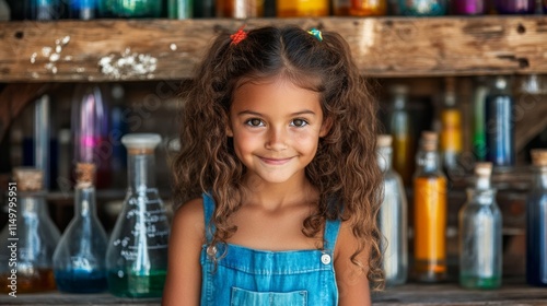 Young girl with long brown hair is smiling at the camera. She is wearing a blue shirt and is sitting in front of a shelf full of glass bottles