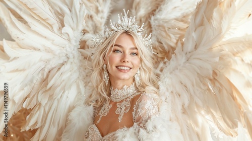 Obraz na płótnie model with large feathered wings. Her radiant smile and flowing blonde hair, white and BEIGE airy fairy tale backdrop w salonie