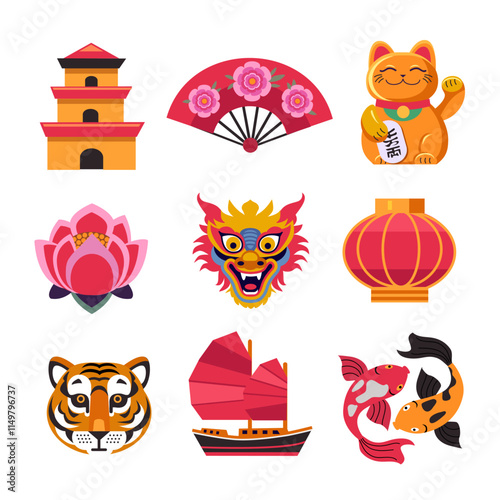 set of chinese  vector flat icons