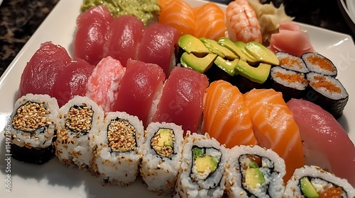 A neatly arranged sushi platter with assorted rolls featuring tuna, salmon, and avocado on a white ceramic plate  photo