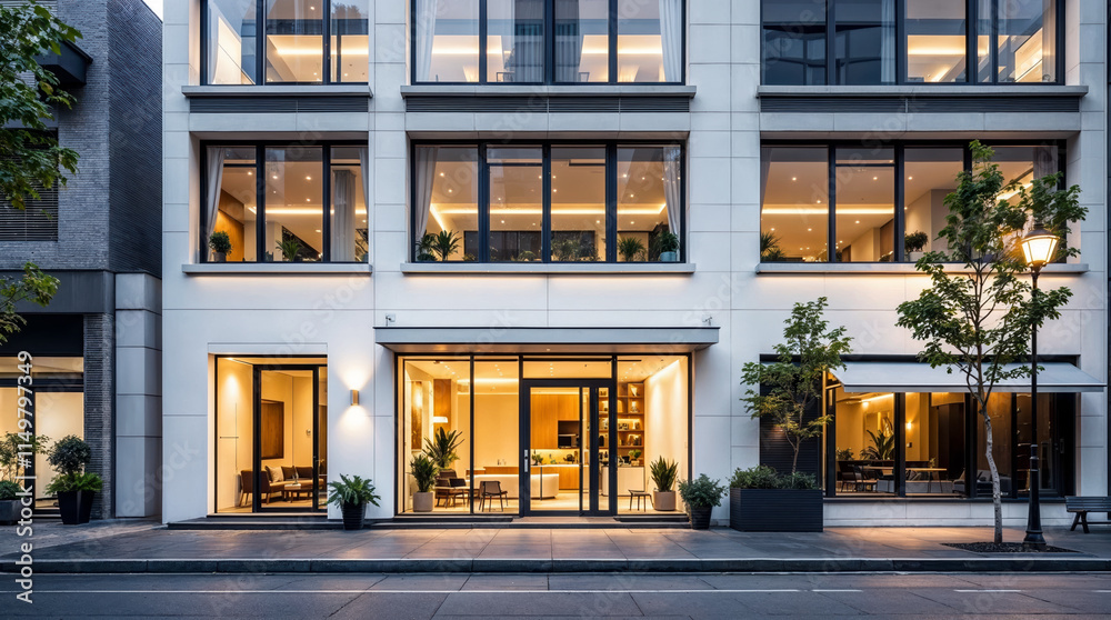 Fototapeta premium Mini Hotel Facade in City Center with Glass Windows and Warm Lighting