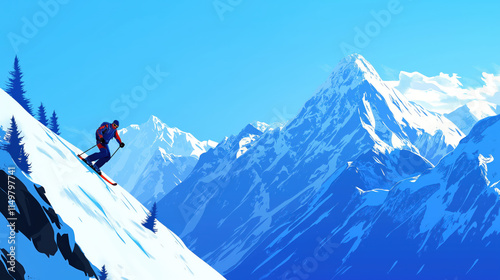 skier on a ski slope, skiing on ski resort, minimalist flat illustration, vector art poster, ski poster, Ultra-high resolution