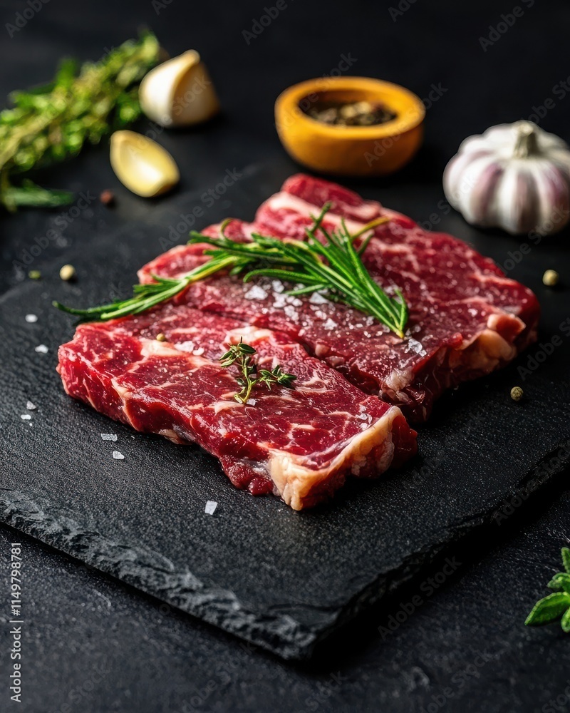Fresh Raw Steak Slices on Slate with Herbs Fresh Raw Steak Slices on Slate with Herbs