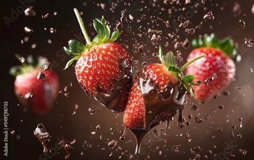 Flying strawberries with chocolate drizzling over them