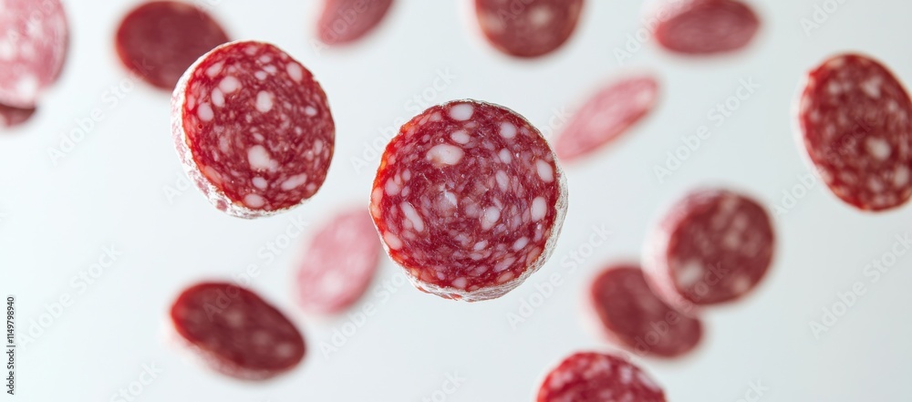 Slices of cured meat dance in mid-air, showcasing their vibrant red color and distinctive texture under bright lighting Slices of cured meat dance in mid-air, showcasing their vibrant red color and distinctive texture under bright lighting