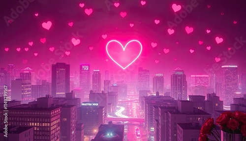 Romantic cityscape at night with glowing heart-shaped lights in the sky.