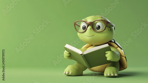 A cartoon turtle with glasses sits on a green background and reads a book.