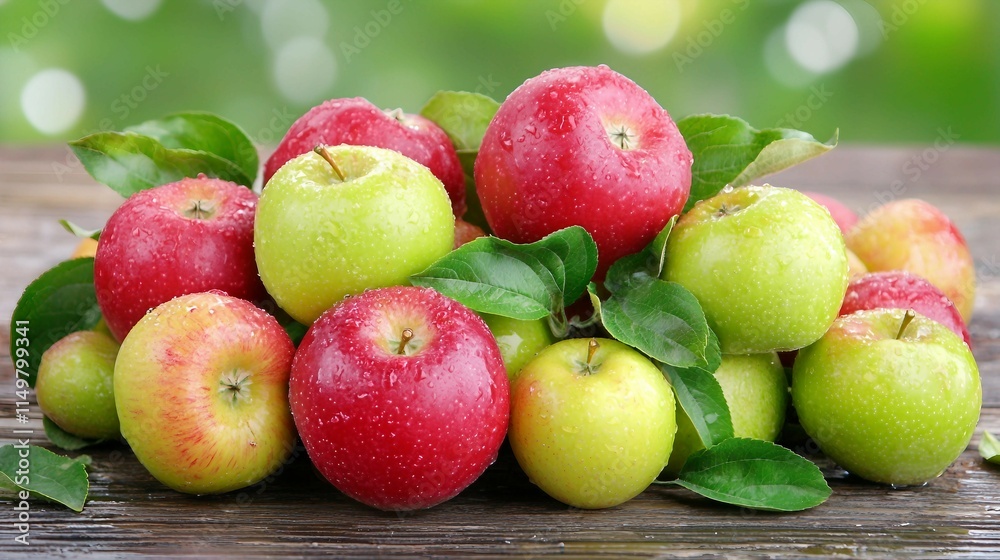Fresh Red and Green Apples Piled on Wooden Table with Leaves Fresh Red and Green Apples Piled on Wooden Table with Leaves