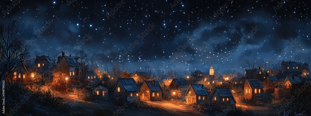 Obraz premium Village with cozy homes under starry night sky. Christmas, New Year, holiday season concept. Cute town for festive greeting cards, posters, banners