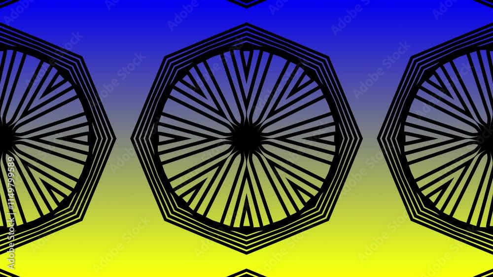 The background has a star motif composed of black, kalaedoscopically rotating over and over again, fantastic. 3D animation