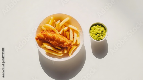 An overhead view of fish and chips served with a small bowl of mushy peas on a minimalist white surface 