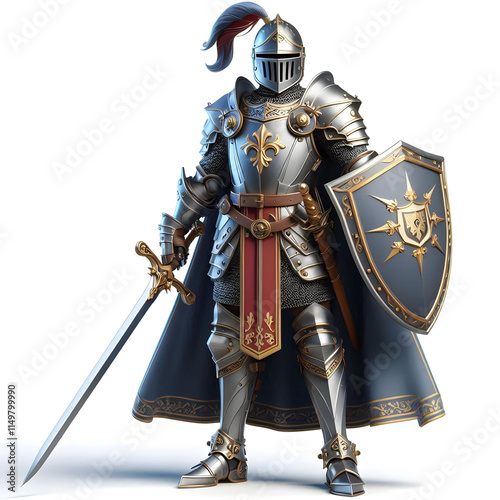3D character of a medieval knight in shining armor and sword isolated photo