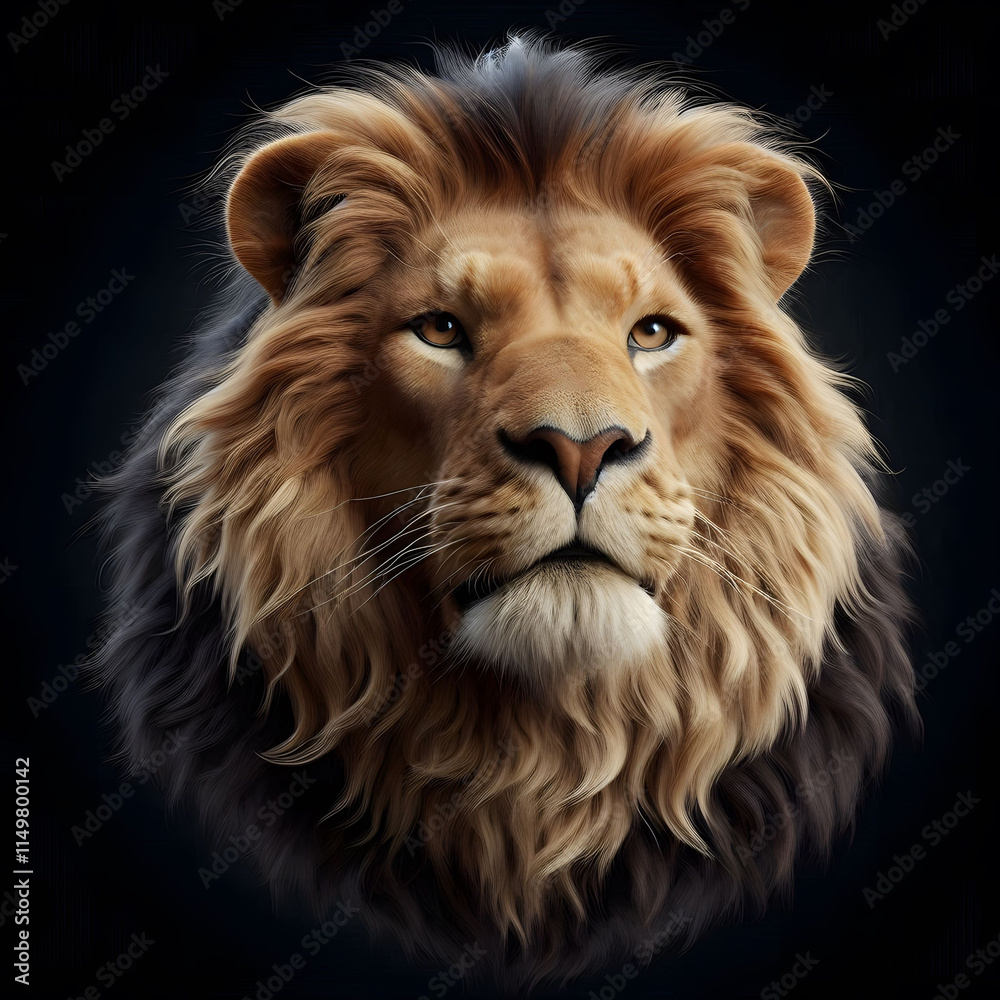 Naklejka premium 3D realistic portrait of a majestic lion with detailed fur, expressive eyes, and a regal pose
