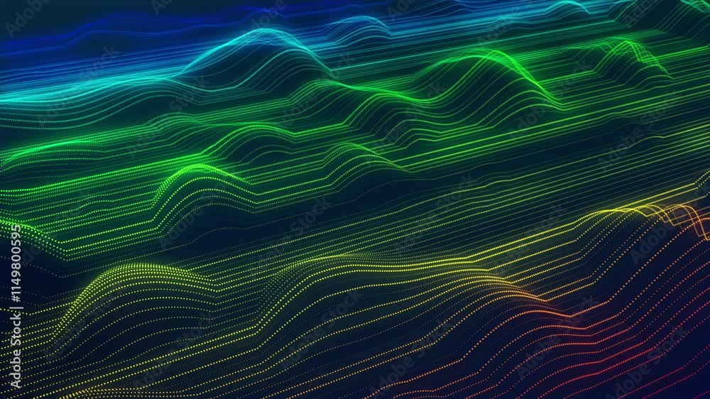 Stunning surface composed of neon glow particles that form waves of light. Captivating seamless looped animation. Design is perfect for various applications, events, shows. Running waves