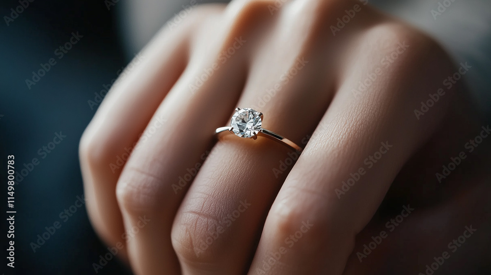 Close-up of an elegant engagement diamond ring on a woman's finger Close-up of an elegant engagement diamond ring on a woman's finger