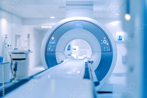 Hospital radiology room with 3d rendering mri scanner machine photo