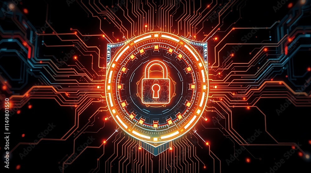 Obraz premium Digital Cybersecurity Protection Shield with Futuristic Lock Interface