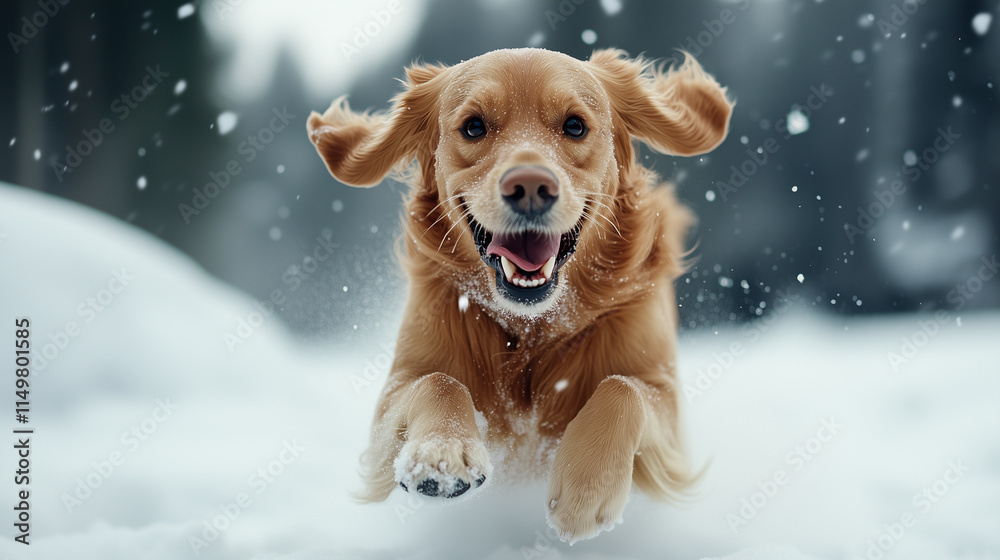 Joyful dog running through fresh snow in a winter landscape Joyful dog running through fresh snow in a winter landscape