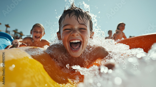 Happy kids splashing on a waterslide at an aqua park during summer