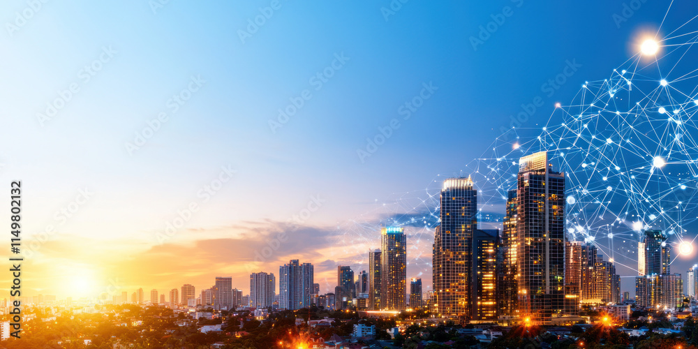 Obraz premium vibrant city skyline at sunset, showcasing modern architecture and technology