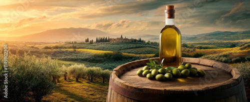 Golden olive oil stands proudly atop a rustic barrel showcasing the idyllic Tuscan landscape at sunset photo