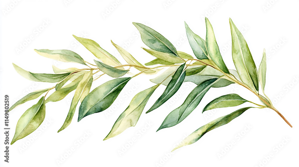 A detailed watercolor painting featuring vibrant green leaves against a clean white background. ฺBeautiful watercolor green leaf frame over white background - hand draw watercolor nature frame concept