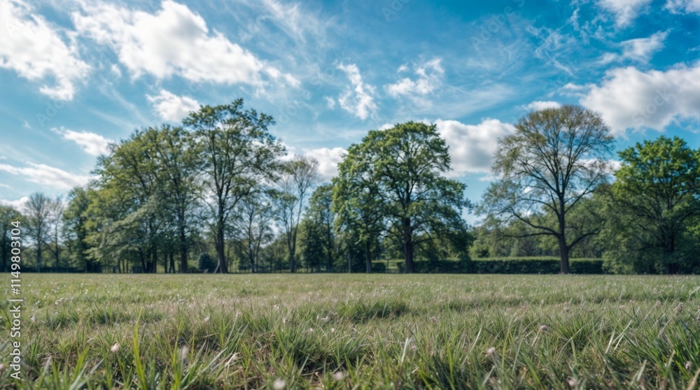 A picture of green grass under a clear blue sky. In the background, there are tall trees with green leaves. A picture of green grass under a clear blue sky. In the background, there are tall trees with green leaves.