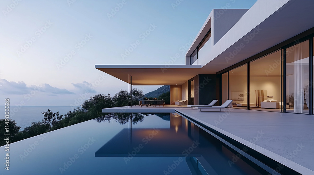 Fototapeta premium Stunning modern minimalist cubic villa exterior with a swimming pool
