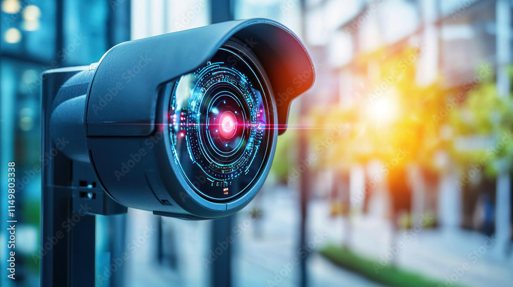 High tech security camera with biometric features and glowing lens High tech security camera with biometric features and glowing lens