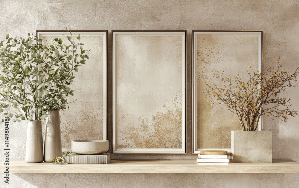 Modern metallic frames on a light wooden shelf in a neutral-toned interior Modern metallic frames on a light wooden shelf in a neutral-toned interior