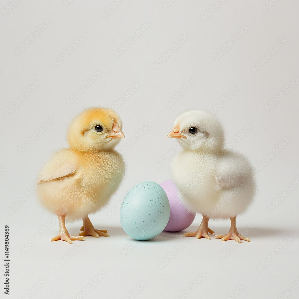 Fototapeta premium Two baby chicks with pastel Easter eggs on white background