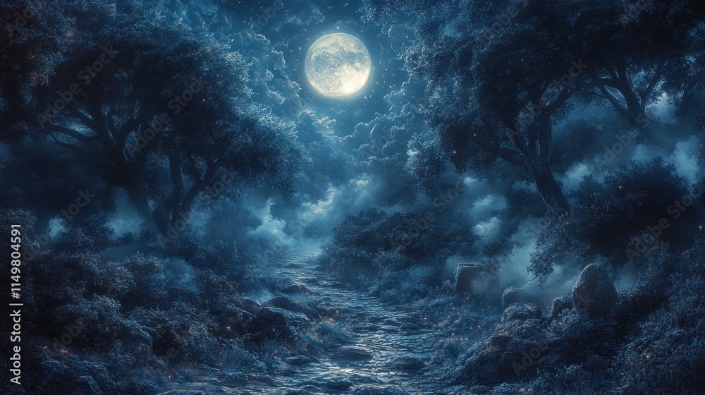 Fototapeta premium Moonlit forest path, mystical, serene, night.