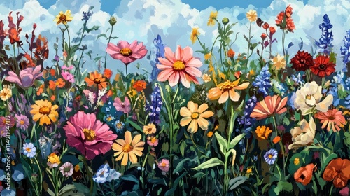 Vibrant Wildflower Meadow Under a Cloudy Sky