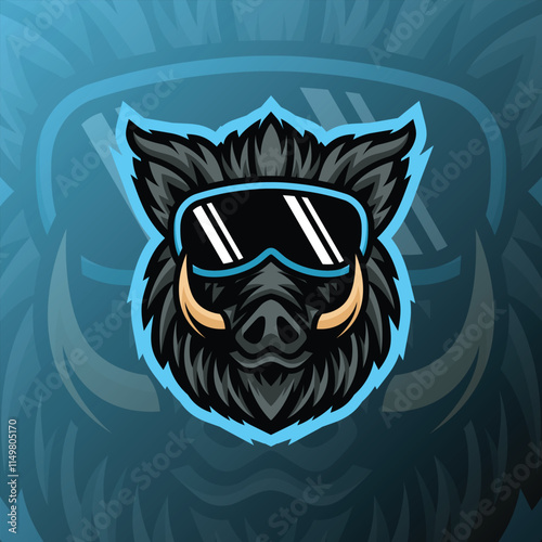 a boar head wearing big glasses with esport design style