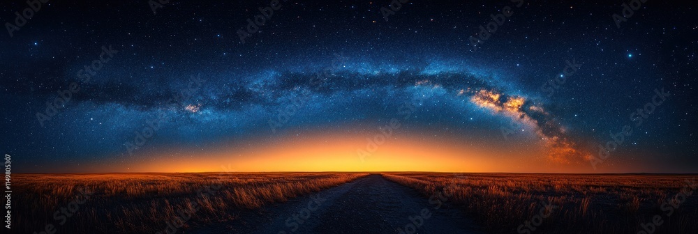 Obraz premium Panoramic sunset landscape with the Milky Way galaxy arching over a rural road.
