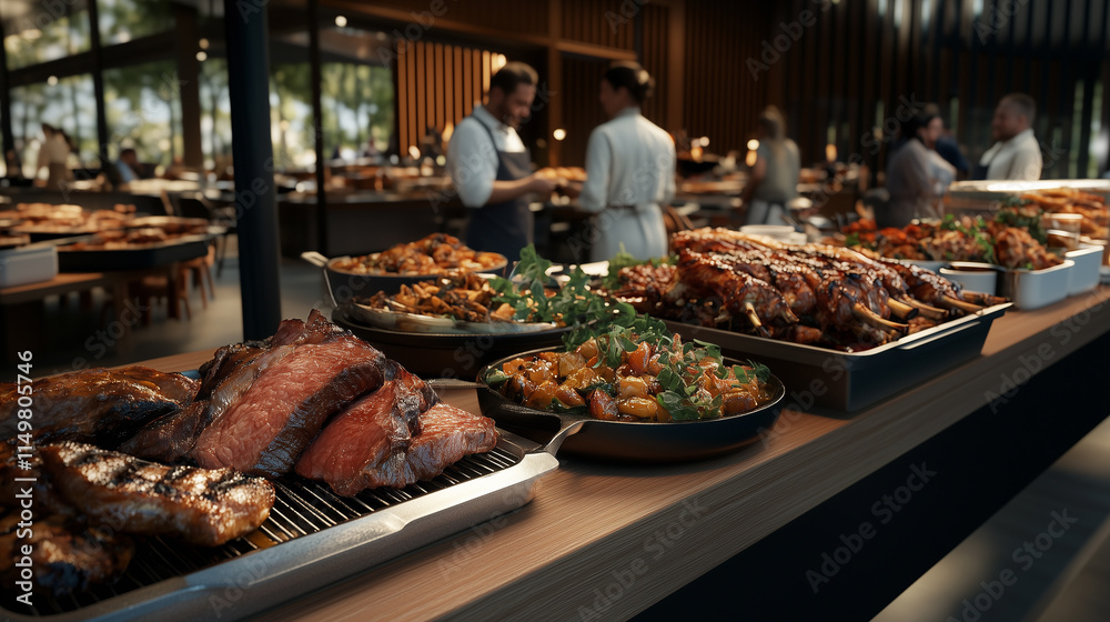 Obraz premium Buffet service with grilled meat and diverse dishes at a festive event