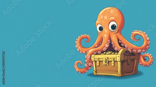 An octopus is sitting on a treasure chest full of gold coins.