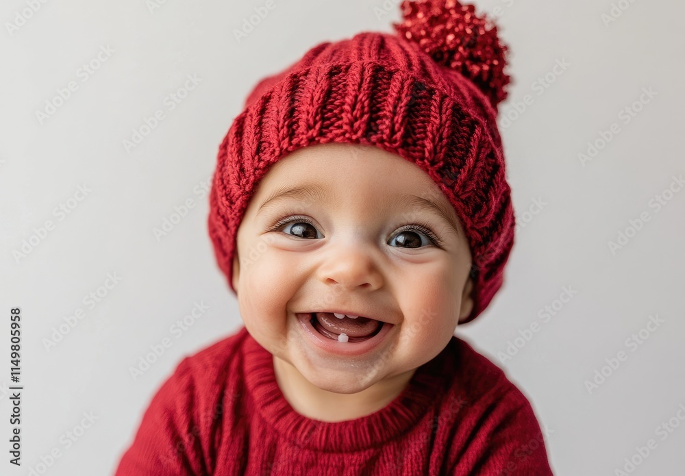A cute baby wearing a Christmas hat, smiling and lying on the ground with a white background, wearing red , with white teeth A cute baby wearing a Christmas hat, smiling and lying on the ground with a white background, wearing red , with white teeth
