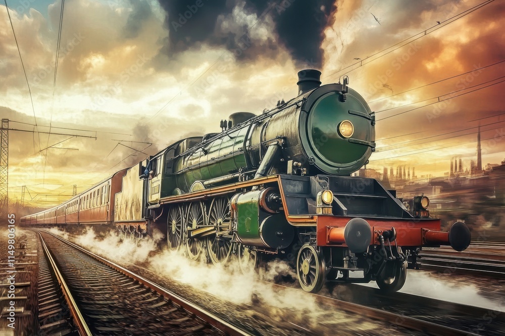 Naklejka premium Vintage steam locomotive travels through a sunset landscape in an urban setting