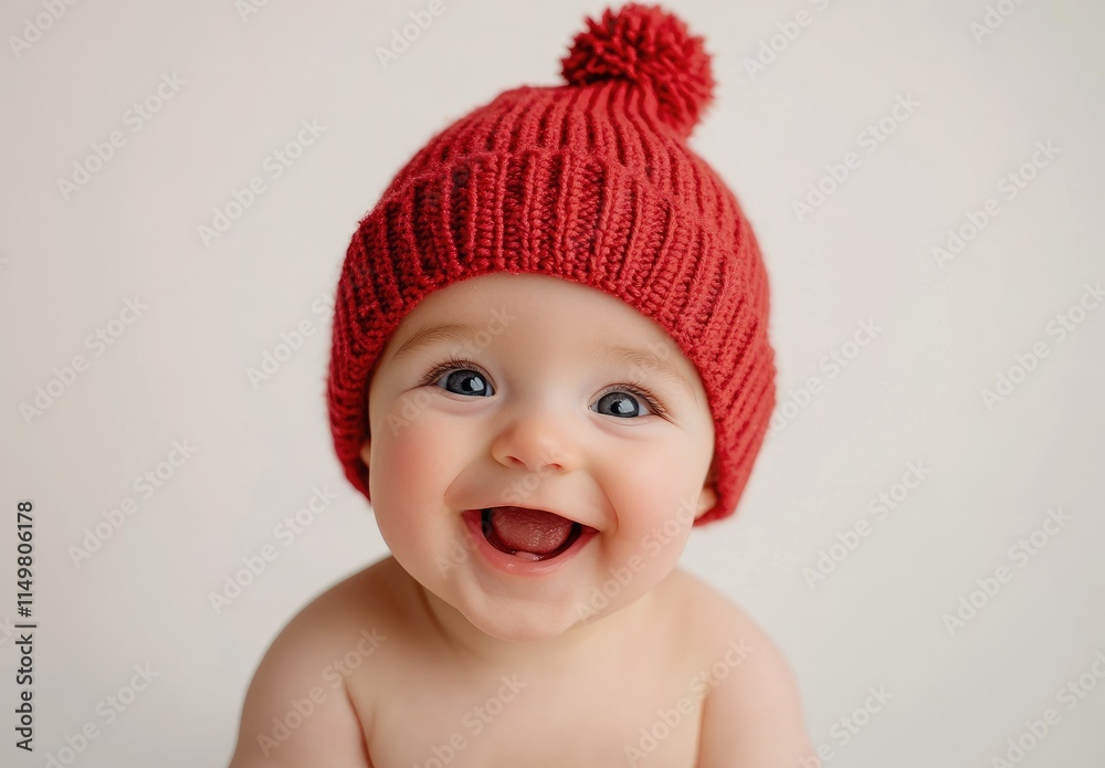 A cute baby wearing a Christmas hat, smiling and lying on the ground with a white background, wearing red , with white teeth A cute baby wearing a Christmas hat, smiling and lying on the ground with a white background, wearing red , with white teeth