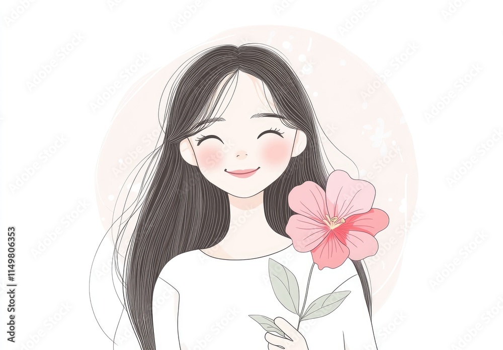 Beautiful Korean girl holding a pink flower in her hand, with a happy expression Beautiful Korean girl holding a pink flower in her hand, with a happy expression