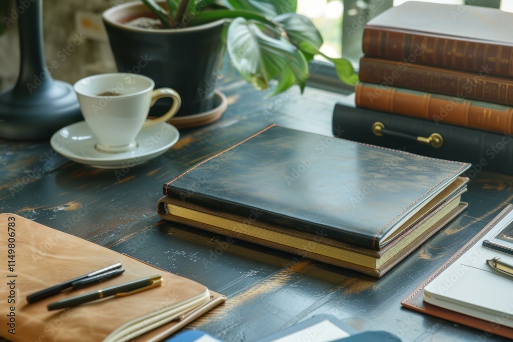 Leather notebooks, pens, and a cup of coffee sit on a dark, rustic wooden desk, creating a workspace ideal for writing or studying Leather notebooks, pens, and a cup of coffee sit on a dark, rustic wooden desk, creating a workspace ideal for writing or studying
