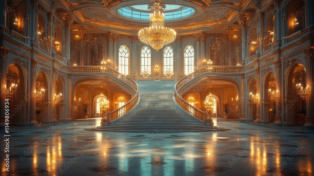 Obraz premium Grand opulent palace, sweeping staircase, golden chandeliers.