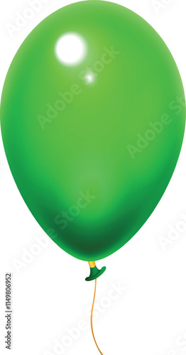 Realistic green balloon floating gracefully with a shiny gold string against a clean white background, enhancing party decorations for celebrations and joyful occasions