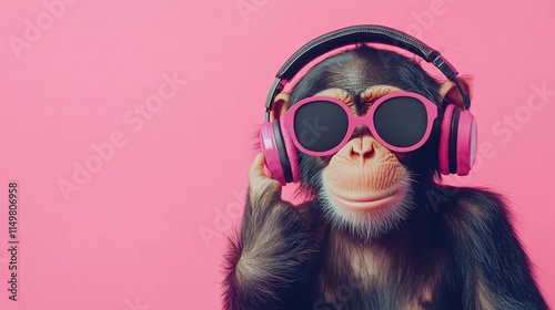 A chimpanzee wearing pink headphones and sunglasses on a pink background.
